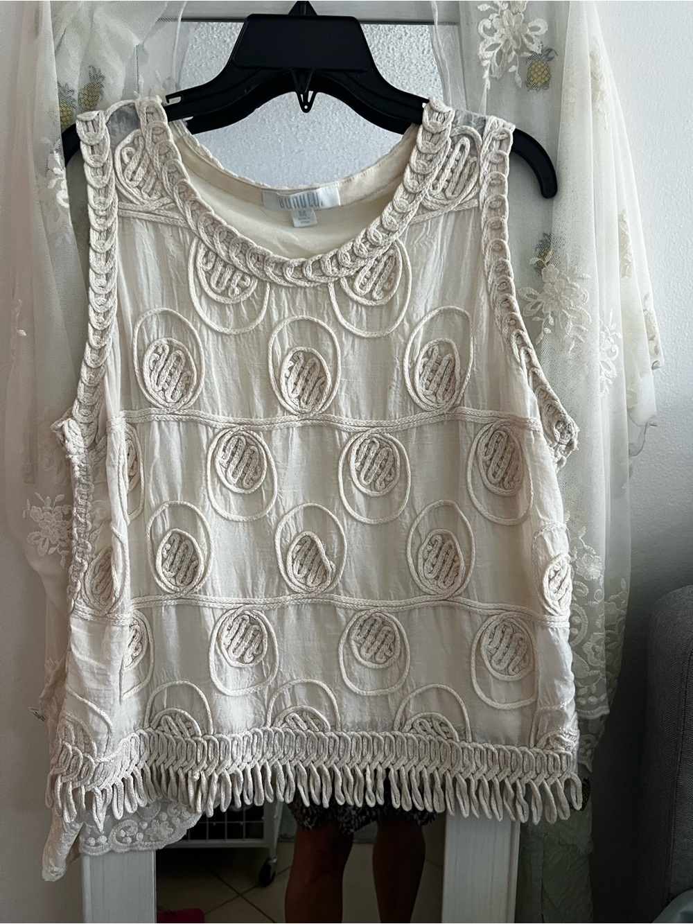 Boho Crochet Fringe Tank Top - Cream